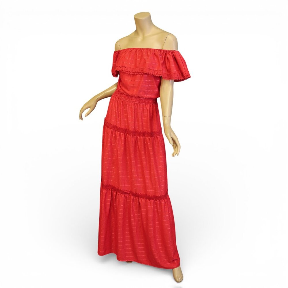 Vintage 1970s C&A Red Off-the-Shoulder Maxi Dress